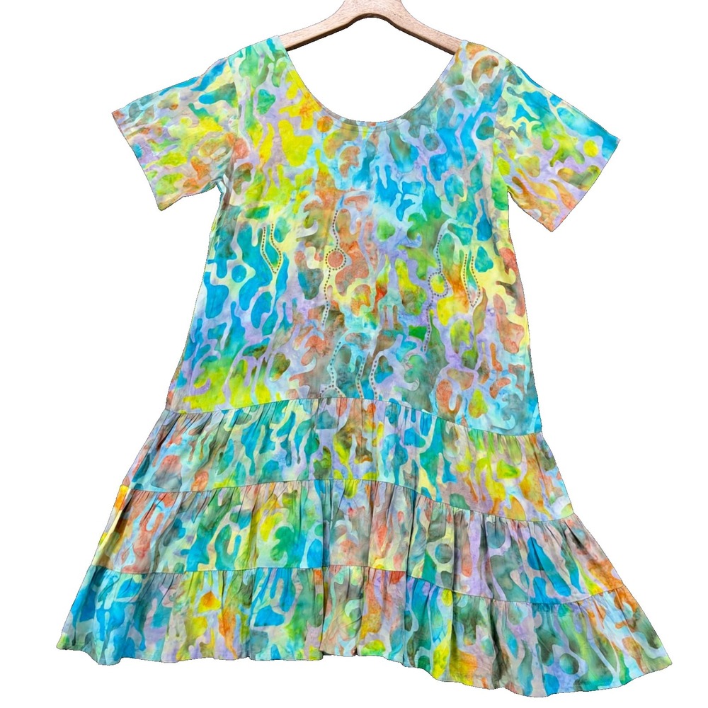 Bali Batiks Dress Womens XL Hand Painted Resort Rayon Tiered Ruffle‎ Multicolor